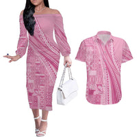 Pasifika Women's Day - Samoa Siapo Malu Tattoo Inspired Couples Matching Off The Shoulder Long Sleeve Dress and Hawaiian Shirt Pink