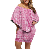 Pasifika Women's Day - Samoa Siapo Malu Tattoo Inspired Family Matching Off Shoulder Short Dress and Hawaiian Shirt Pink LT7 Mom's Dress Pink - Polynesian Pride