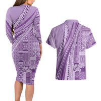 Pasifika Women's Day - Samoa Siapo Malu Tattoo Inspired Couples Matching Long Sleeve Bodycon Dress and Hawaiian Shirt Lavender