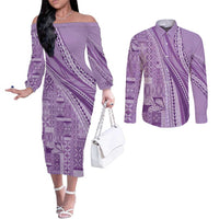 Pasifika Women's Day - Samoa Siapo Malu Tattoo Inspired Couples Matching Off The Shoulder Long Sleeve Dress and Long Sleeve Button Shirt Lavender