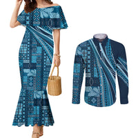 Pasifika Women's Day - Samoa Siapo Malu Tattoo Inspired Couples Matching Mermaid Dress and Long Sleeve Button Shirt Navy Blue