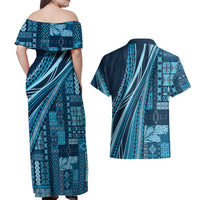 Pasifika Women's Day - Samoa Siapo Malu Tattoo Inspired Couples Matching Off Shoulder Maxi Dress and Hawaiian Shirt Navy Blue