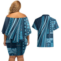 Pasifika Women's Day - Samoa Siapo Malu Tattoo Inspired Couples Matching Off Shoulder Short Dress and Hawaiian Shirt Navy Blue