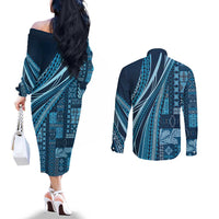 Pasifika Women's Day - Samoa Siapo Malu Tattoo Inspired Couples Matching Off The Shoulder Long Sleeve Dress and Long Sleeve Button Shirt Navy Blue