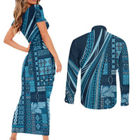 Pasifika Women's Day - Samoa Siapo Malu Tattoo Inspired Couples Matching Short Sleeve Bodycon Dress and Long Sleeve Button Shirt Navy Blue