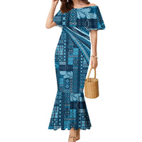 Pasifika Women's Day - Samoa Siapo Malu Tattoo Inspired Family Matching Mermaid Dress and Hawaiian Shirt Navy Blue LT7 Mom's Dress Navy Blue - Polynesian Pride