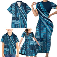 Pasifika Women's Day - Samoa Siapo Malu Tattoo Inspired Family Matching Short Sleeve Bodycon Dress and Hawaiian Shirt Navy Blue LT7 - Polynesian Pride