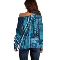 Pasifika Women's Day - Samoa Siapo Malu Tattoo Inspired Off Shoulder Sweater Navy Blue