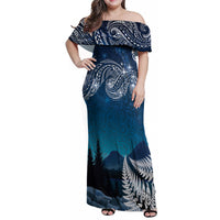 New Zealand Matariki Family Matching Off Shoulder Maxi Dress and Hawaiian Shirt Starry Night Style LT7 Mom's Dress Navy - Polynesian Pride