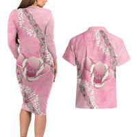 Hawaii Maui Island Flowers Lei Couples Matching Long Sleeve Bodycon Dress and Hawaiian Shirt Lokelani Rose Pink LT7 - Polynesian Pride