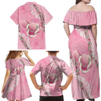 Hawaii Maui Island Flowers Lei Family Matching Off Shoulder Maxi Dress and Hawaiian Shirt Lokelani Rose Pink LT7 - Polynesian Pride