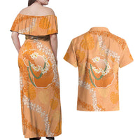 Hawaii Lanai Island Flowers Lei Couples Matching Off Shoulder Maxi Dress and Hawaiian Shirt Orange Kaunaoa Mix Maile LT7 - Polynesian Pride