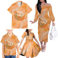Hawaii Lanai Island Flowers Lei Family Matching Off The Shoulder Long Sleeve Dress and Hawaiian Shirt Orange Kaunaoa Mix Maile LT7 - Polynesian Pride