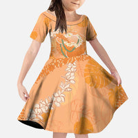 Hawaii Lanai Island Flowers Lei Family Matching Short Sleeve Bodycon Dress and Hawaiian Shirt Orange Kaunaoa Mix Maile LT7 Daughter's Dress Orange - Polynesian Pride