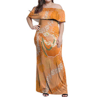 Hawaii Lanai Island Flowers Lei Off Shoulder Maxi Dress Orange Kaunaoa Mix Maile