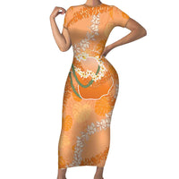 Hawaii Lanai Island Flowers Lei Short Sleeve Bodycon Dress Orange Kaunaoa Mix Maile