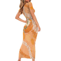 Hawaii Lanai Island Flowers Lei Short Sleeve Bodycon Dress Orange Kaunaoa Mix Maile