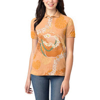 Hawaii Lanai Island Flowers Lei Women Polo Shirt Orange Kaunaoa Mix Maile