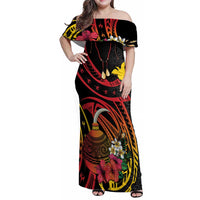Personalized Milne Bay Family Matching Off Shoulder Maxi Dress and Hawaiian Shirt PNG Lime Pot with Oro Tapa LT7 Mom's Dress Black - Polynesian Pride
