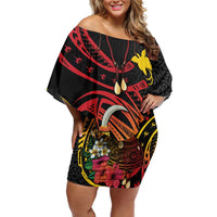 Personalized Milne Bay Family Matching Off Shoulder Short Dress and Hawaiian Shirt PNG Lime Pot with Oro Tapa LT7 Mom's Dress Black - Polynesian Pride