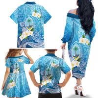 Hafa Adai Guam Chamorro Personalized Family Matching Off The Shoulder Long Sleeve Dress and Hawaiian Shirt Ocean Blue Latte Stone with Guasali LT7 - Polynesian Pride