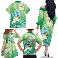 Hafa Adai Guam Chamorro Personalized Family Matching Off The Shoulder Long Sleeve Dress and Hawaiian Shirt Summer Green Latte Stone with Guasali LT7 - Polynesian Pride