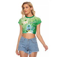 Hafa Adai Guam Chamorro Personalized Raglan Cropped T Shirt Summer Green Latte Stone with Guasali - Polynesian Pride
