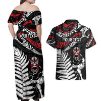 New Zealand Maori Rugby Personalised Couples Matching Off Shoulder Maxi Dress and Hawaiian Shirt Ta Moko Silver Fern LT7 - Polynesian Pride
