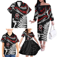 New Zealand Maori Rugby Personalised Family Matching Off The Shoulder Long Sleeve Dress and Hawaiian Shirt Ta Moko Silver Fern LT7 - Polynesian Pride
