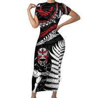 New Zealand Maori Rugby Personalised Family Matching Short Sleeve Bodycon Dress and Hawaiian Shirt Ta Moko Silver Fern LT7 Mom's Dress Black - Polynesian Pride