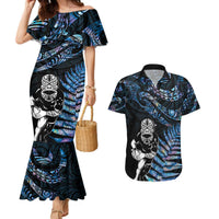 New Zealand Maori Rugby Personalised Couples Matching Mermaid Dress and Hawaiian Shirt Ta Moko Silver Fern - Paua Blue LT7 Blue - Polynesian Pride