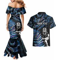 New Zealand Maori Rugby Personalised Couples Matching Mermaid Dress and Hawaiian Shirt Ta Moko Silver Fern - Paua Blue LT7 - Polynesian Pride