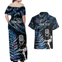New Zealand Maori Rugby Personalised Couples Matching Off Shoulder Maxi Dress and Hawaiian Shirt Ta Moko Silver Fern - Paua Blue LT7 - Polynesian Pride