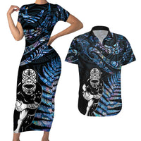New Zealand Maori Rugby Personalised Couples Matching Short Sleeve Bodycon Dress and Hawaiian Shirt Ta Moko Silver Fern - Paua Blue LT7 Blue - Polynesian Pride