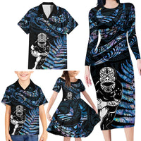 New Zealand Maori Rugby Personalised Family Matching Long Sleeve Bodycon Dress and Hawaiian Shirt Ta Moko Silver Fern - Paua Blue LT7 - Polynesian Pride