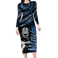 New Zealand Maori Rugby Personalised Family Matching Long Sleeve Bodycon Dress and Hawaiian Shirt Ta Moko Silver Fern - Paua Blue LT7 Mom's Dress Blue - Polynesian Pride