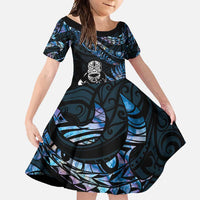 New Zealand Maori Rugby Personalised Family Matching Mermaid Dress and Hawaiian Shirt Ta Moko Silver Fern - Paua Blue LT7 Daughter's Dress Blue - Polynesian Pride