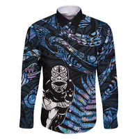 New Zealand Maori Rugby Personalised Family Matching Off The Shoulder Long Sleeve Dress and Hawaiian Shirt Ta Moko Silver Fern - Paua Blue LT7 Dad's Shirt - Long Sleeve Blue - Polynesian Pride