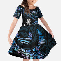 New Zealand Maori Rugby Personalised Family Matching Puletasi and Hawaiian Shirt Ta Moko Silver Fern - Paua Blue LT7 Daughter's Dress Blue - Polynesian Pride
