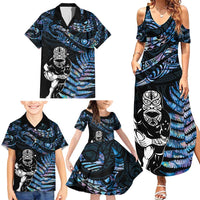 New Zealand Maori Rugby Personalised Family Matching Summer Maxi Dress and Hawaiian Shirt Ta Moko Silver Fern - Paua Blue LT7 - Polynesian Pride
