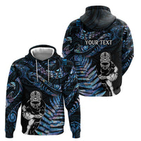 New Zealand Maori Rugby Personalised Hoodie Ta Moko Silver Fern - Paua Blue LT7 - Polynesian Pride