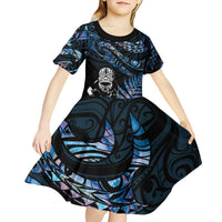 New Zealand Maori Rugby Personalised Kid Short Sleeve Dress Ta Moko Silver Fern - Paua Blue LT7 - Polynesian Pride