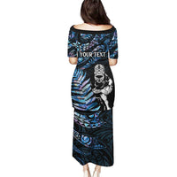 New Zealand Maori Rugby Personalised Puletasi Ta Moko Silver Fern - Paua Blue