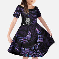 New Zealand Maori Rugby Personalised Family Matching Long Sleeve Bodycon Dress and Hawaiian Shirt Ta Moko Silver Fern - Paua Purple LT7 Daughter's Dress Purple - Polynesian Pride