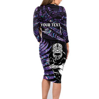 New Zealand Maori Rugby Personalised Family Matching Long Sleeve Bodycon Dress and Hawaiian Shirt Ta Moko Silver Fern - Paua Purple LT7 - Polynesian Pride