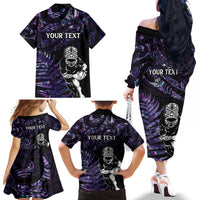 New Zealand Maori Rugby Personalised Family Matching Off The Shoulder Long Sleeve Dress and Hawaiian Shirt Ta Moko Silver Fern - Paua Purple LT7 - Polynesian Pride