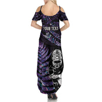 New Zealand Maori Rugby Personalised Family Matching Summer Maxi Dress and Hawaiian Shirt Ta Moko Silver Fern - Paua Purple LT7 - Polynesian Pride
