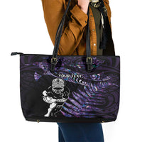 New Zealand Maori Rugby Personalised Leather Tote Bag Ta Moko Silver Fern - Paua Purple LT7 - Polynesian Pride