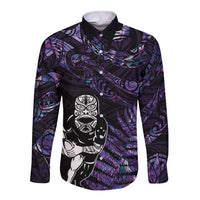New Zealand Maori Rugby Personalised Long Sleeve Button Shirt Ta Moko Silver Fern - Paua Purple LT7 Unisex Purple - Polynesian Pride