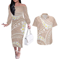Polynesian Vintage Floral Couples Matching Off The Shoulder Long Sleeve Dress and Hawaiian Shirt Beige Motifs LT7 Beige - Polynesian Pride